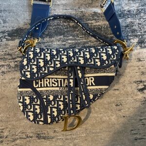 Dior Blue and Gold Monogram Saddle Bag
